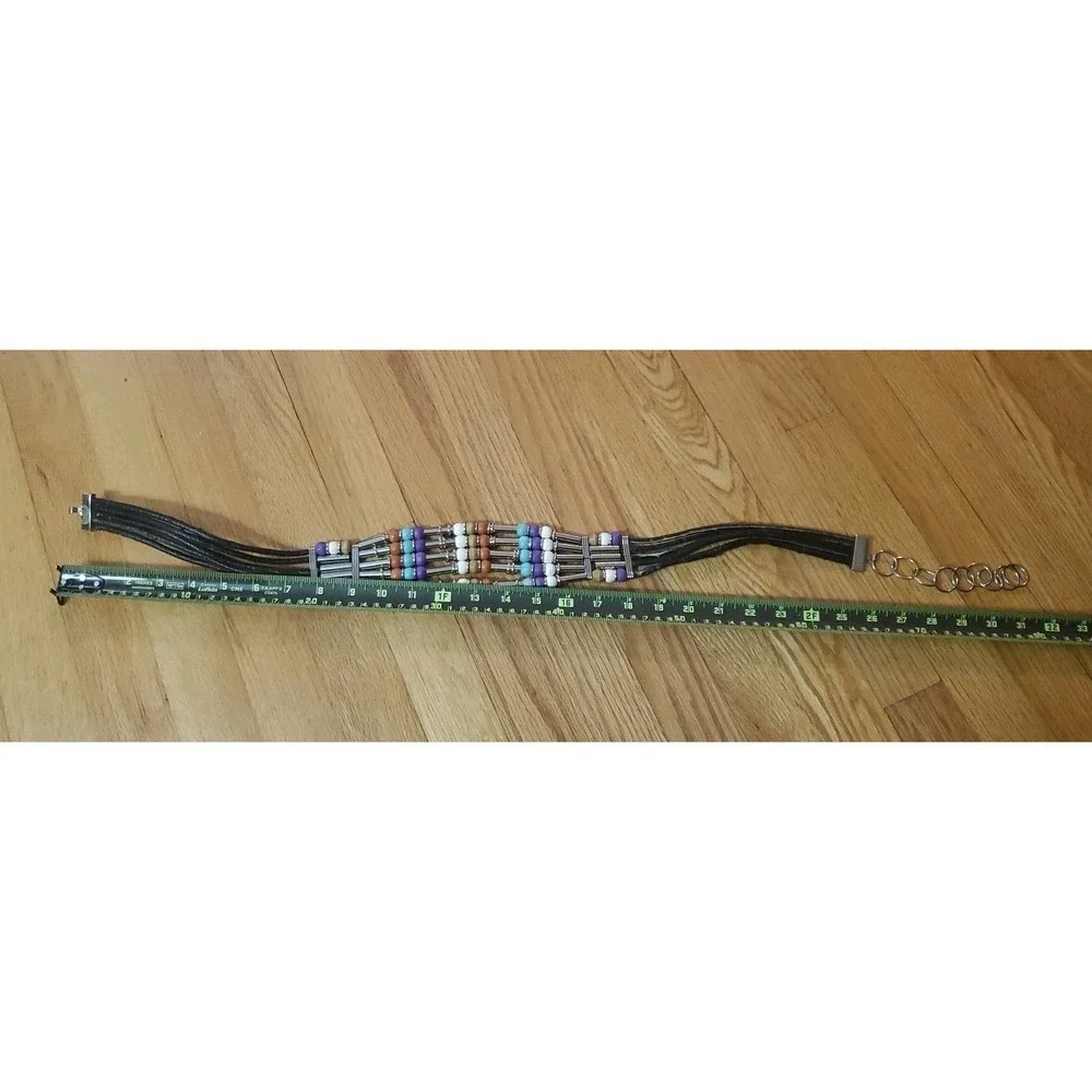 Black Leather &‎ Multi Color Wood and Plastic Beads Chain Belt Boho Hippie